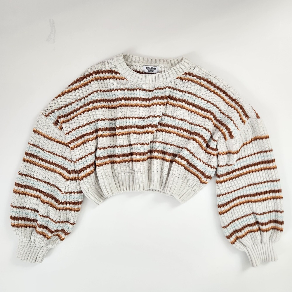 Love Knits Striped Cozy Cropped Sweater‎ Balloon Sleeve Women's Size XL